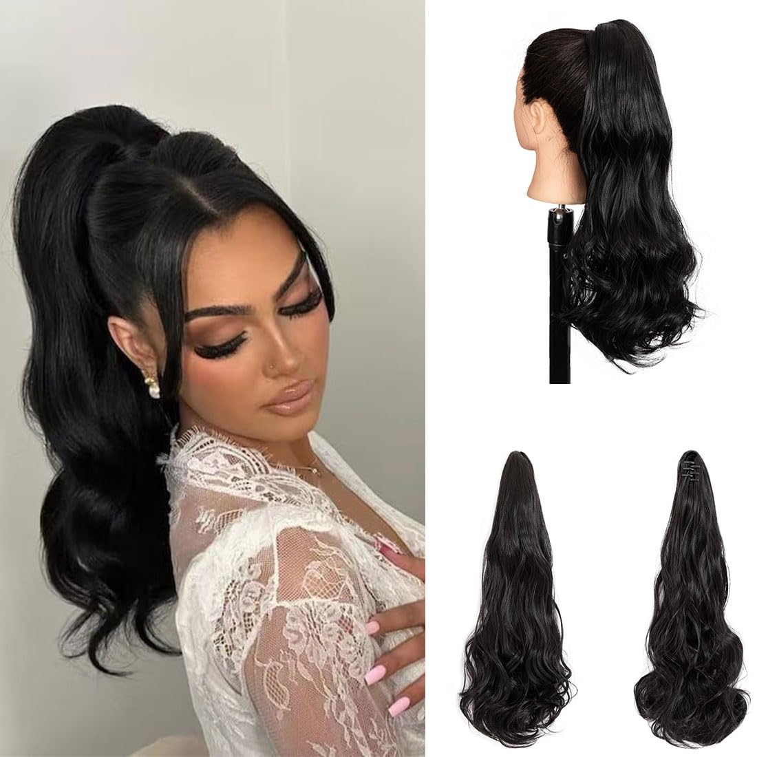 Messy Hair Highlight Ponytail Extension Claw Bun Hair Piece Elastic Drawstring Synthetic Ponytail Extension Hair Bun Extension for Women Daily Use (A-Natural Black)