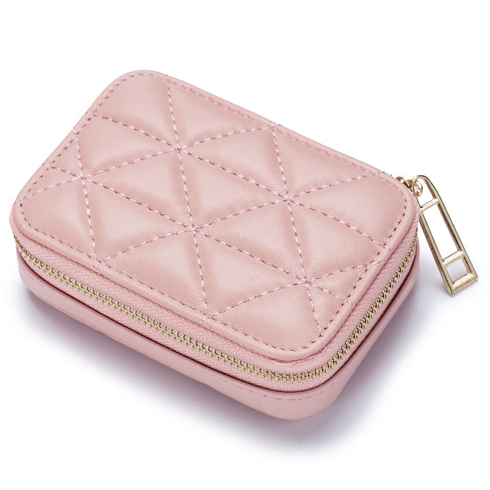 Aileder Lipstick Case with Mirror Genuine Leather Zipper Lipstick Holder Box Small Travel Makeup Cosmetic Organiser Storage Kit for Women Ladies (Pink)