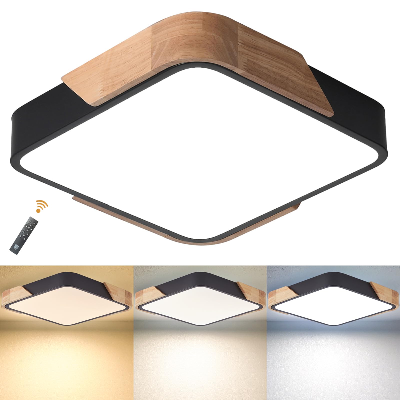 LuFun Led Ceiling Lights Dimmable 24W, Flush Ceiling Light Indoor Wooden Square Modern Ceiling Lights 30cm*30cm for Living Room Bedroom Kitchen Lounge Hallway Home Office(Black) — image 1