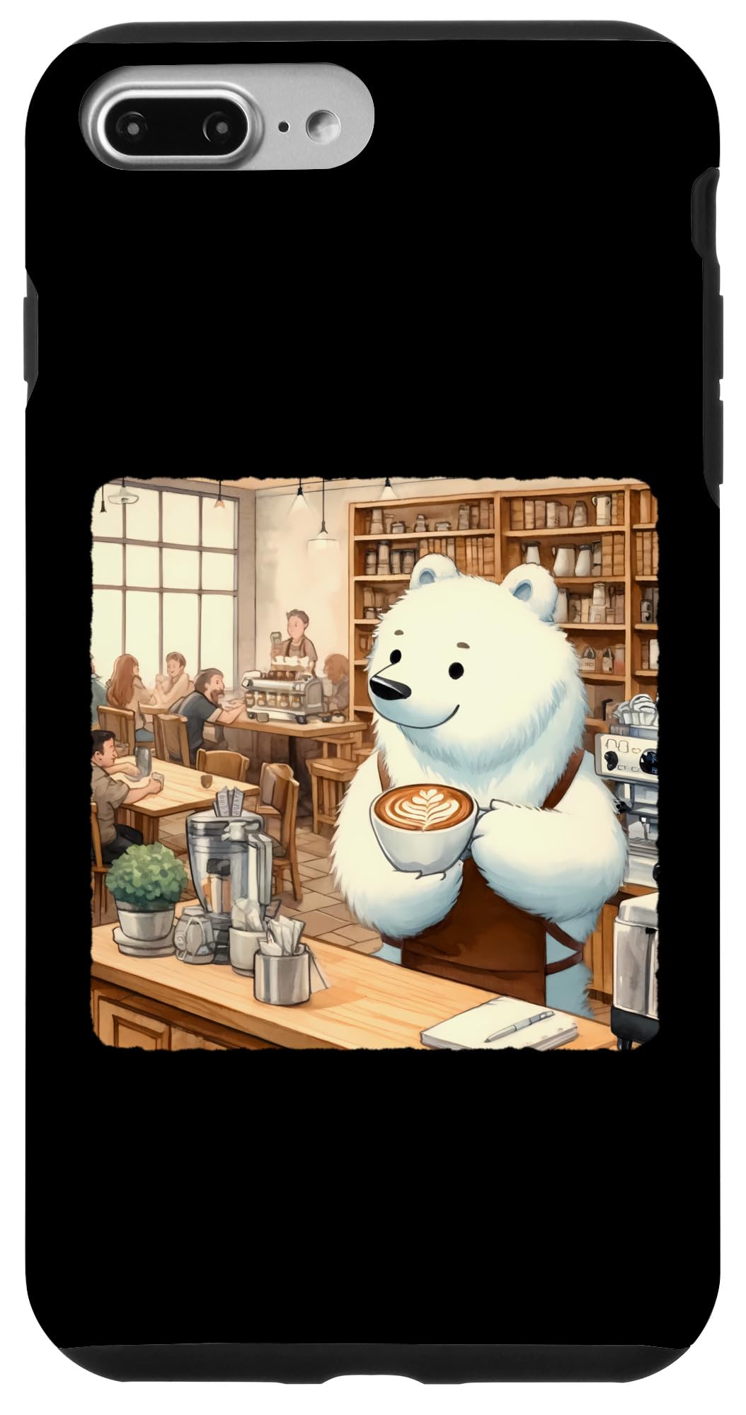 iPhone 7 Plus/8 Plus Ice Bear Barista Making Latte Art. Cafe Bookshelves Patrons Case