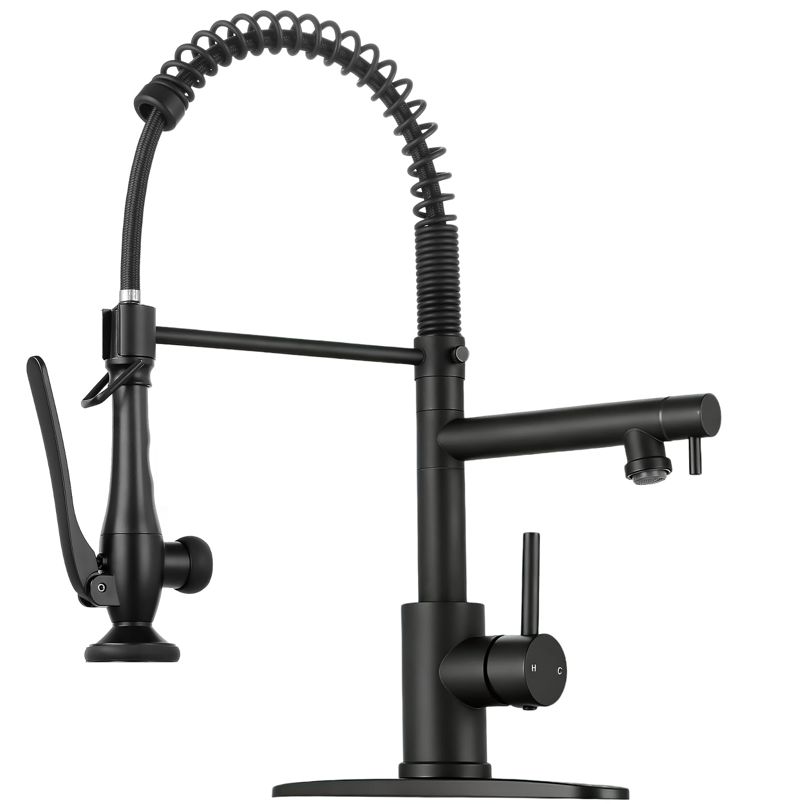 Photo 1 of RNDIOZD Kitchen Faucet with Pull Down Sprayer - Matte Black Single Handle Commercial Kitchen Faucets, 2-Spout Stainless Steel Spring Pull Out Kitchen Sink Faucet 1/3 Hole with Deck Plate