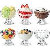 KMwares 5oz Glass Dessert Bowls Set of 6, Footed Tulip Ice Cream Cups, Small Vintage Glass Parfait Cups for Sundae, Fruit, Pudding, Snacks, Dessert Serving