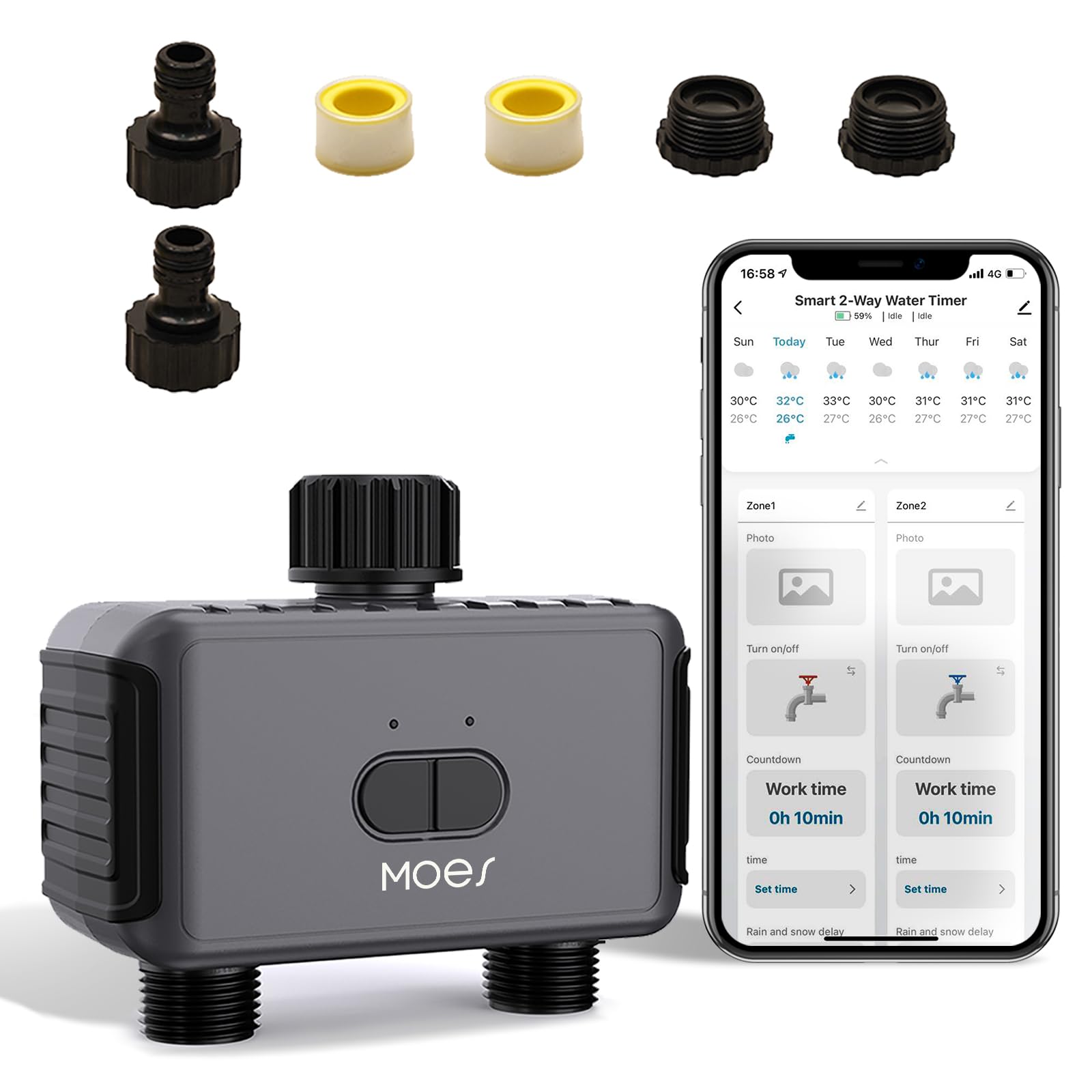 Photo 1 of MOES Bluetooth Sprinkler Timer 2 Zone, Water Timer for Garden Hose, 2 Outlet Hose Timer for Garden Watering System, Irrigation Timer IP55 for Garden, Yard and Lawn, Black, BWV-YC02-US-GY-MS