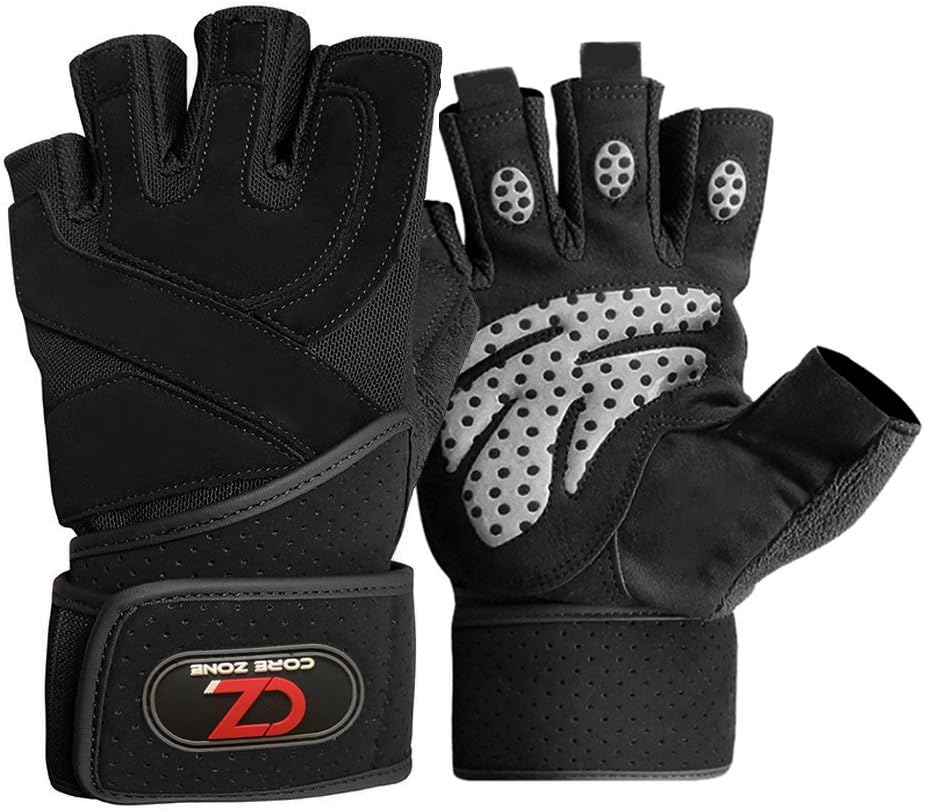 COREZONE Workout Gloves, 18” Wrist Wraps, Full Palm Protection [None Slip] and Extra Grip, Powerlifting Pro Gym Gloves for Weight Lifting, Training, Fitness, Exercise (Men & Women)