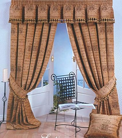 Latin Gold Latin Text 90 X 54 Fully Lined Tape Top Curtains Luxury
