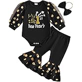 Saliuentm New Years Baby Girl Outfit Long Sleeve Letters Romper Bell Bottoms Pants with Headband New Years Eve Clothes Sets