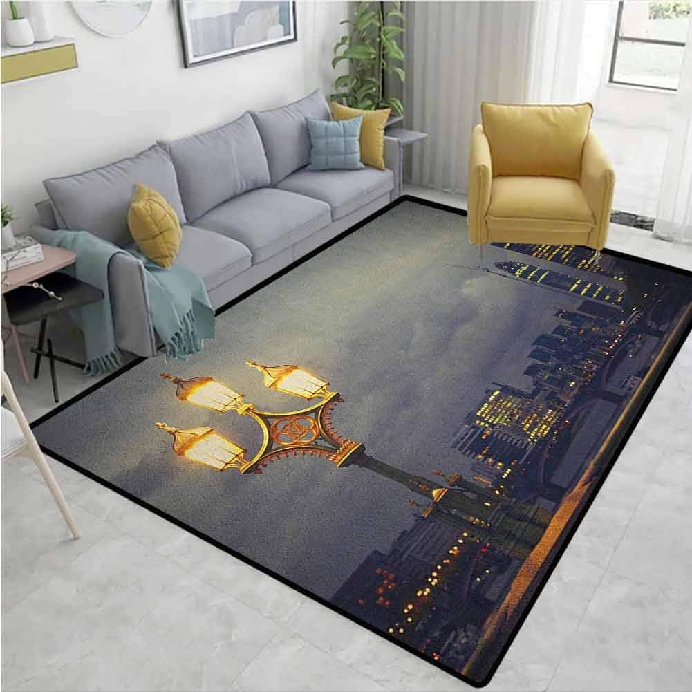 Kids Rug Night Westminster Bridge London City UK Stormy Moody Weather European Urban Travel Children Bedroom Rugs Pale Grey Yellow