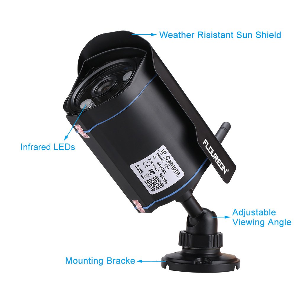 FLOUREON Caméra IP HD 720p sans Fil Etanche Vision Nocturne Caméra de sécurité WiFi ONVIF IR-Cut Support Détection du Mouvement Alarme Mail/Téléphone Accès à Distance PC Phone P2P Noir SP007