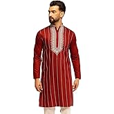 Sojanya (Since 1958 Men'S Cotton Silk Long Kurta With Elegant Neck Embroidery