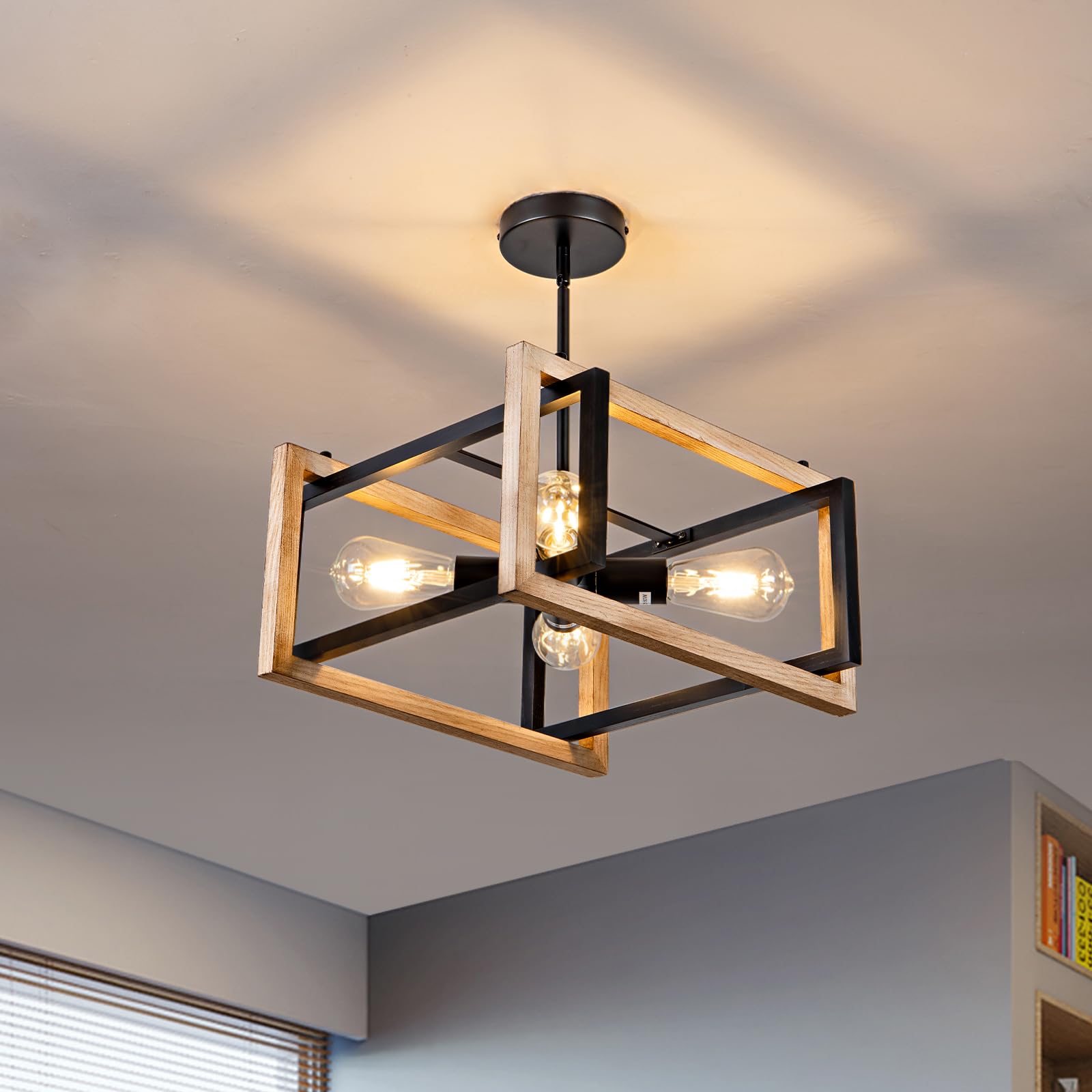 Photo 1 of HuisMier Farmhose Flush Mount Ceiling Light Fixtures, 4 Lights Rustic Wood and Metal Ceiling Lighting, Industrial Dining Room Light Fixture for Kitchen Island Entryway Bedroom Hallway