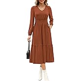 Kranda Women 2025 Fall Puff Long Sleeve V Neck Causal Flowy Pleated Ruffle Tiered Midi Dress with Pockets