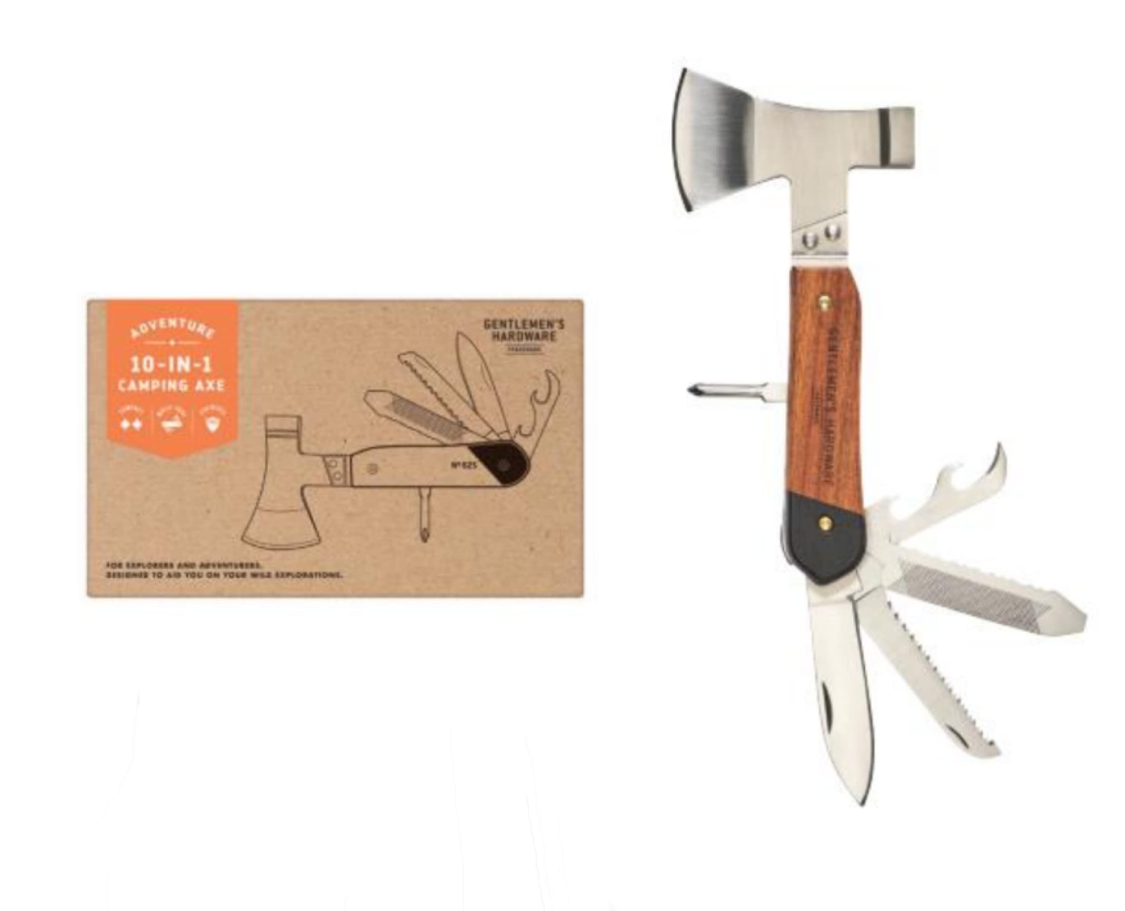 Gentlemen's Hardware 10-in-1 Multi-Tool Stainless Steel Axe Pocket Tool, Beechwood Handle