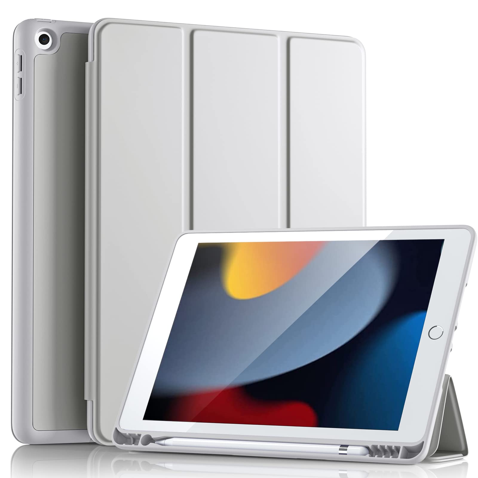 Vobafe Case for iPad 9th 8th 7th Generation 10.2 Inch Case (2021/2020/2019 Model, iPad 9/8/7), Flexible TPU Back Cover, with Pencil Holder, Auto Wake/Sleep, Light Grey