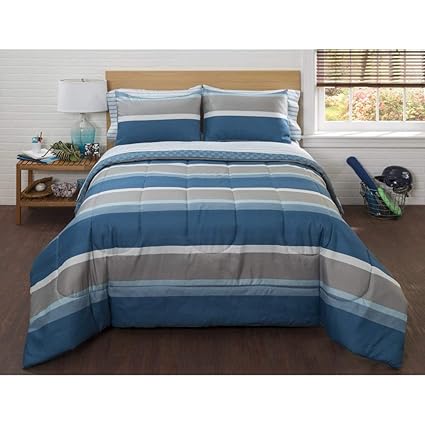7pc Boys Blue Grey White Striped Comforter Queen Set Polyester