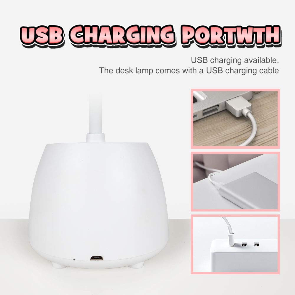 Neporal Led-Desk-Lamp-for-Kids-with-USB-Charging-Port 3 Brightness Adjustable Eye Caring Table Lamps Touch Control with Adjustable Gooseneck Wireless Study Lamp with Pen Holder for Kids Bedroom