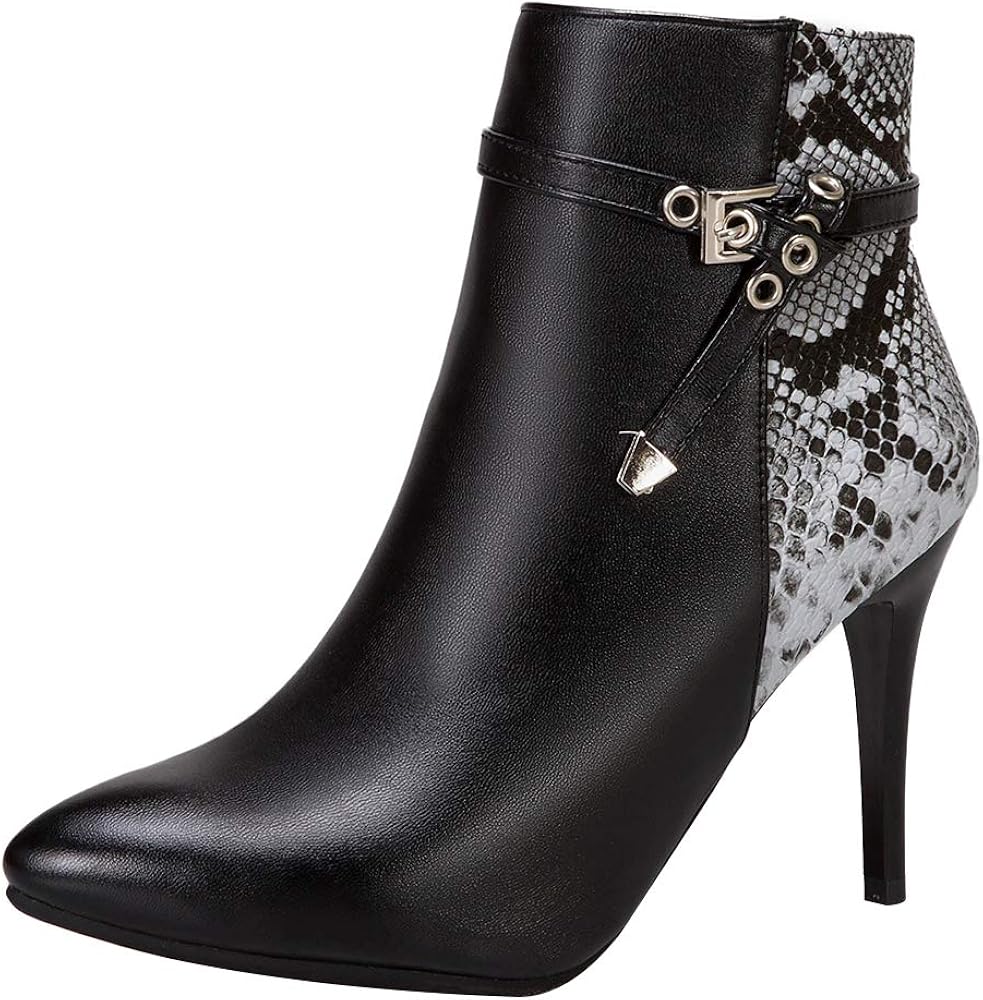 SUCREVEN Women Dress Bootie Stiletto Ankle Boots Pointed Toe Zip Low
