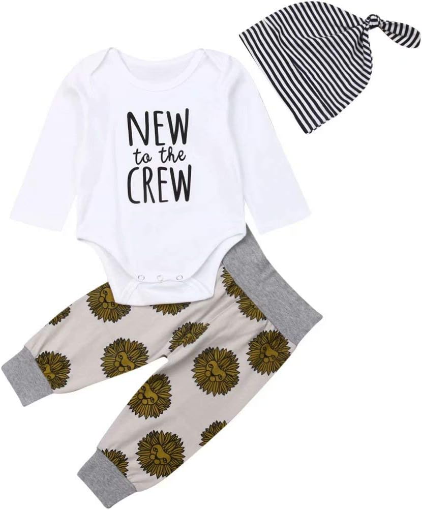 Geagodelia Newborn Baby Boy Girl Clothes Set New to The Crew Long Short Sleeve Romper Pants Hat 3Pcs Summer Autumn Outfits