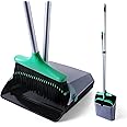 Eyliden Broom and Dustpan Set with Stand-Up Dustpan, Self-Cleaning Comb, Adjustable Handle - 4-Row Dense Bristles Sweeper for House, Office, Lobby, Shop, Classroom, Indoor and Outdoor (Black & Green)
