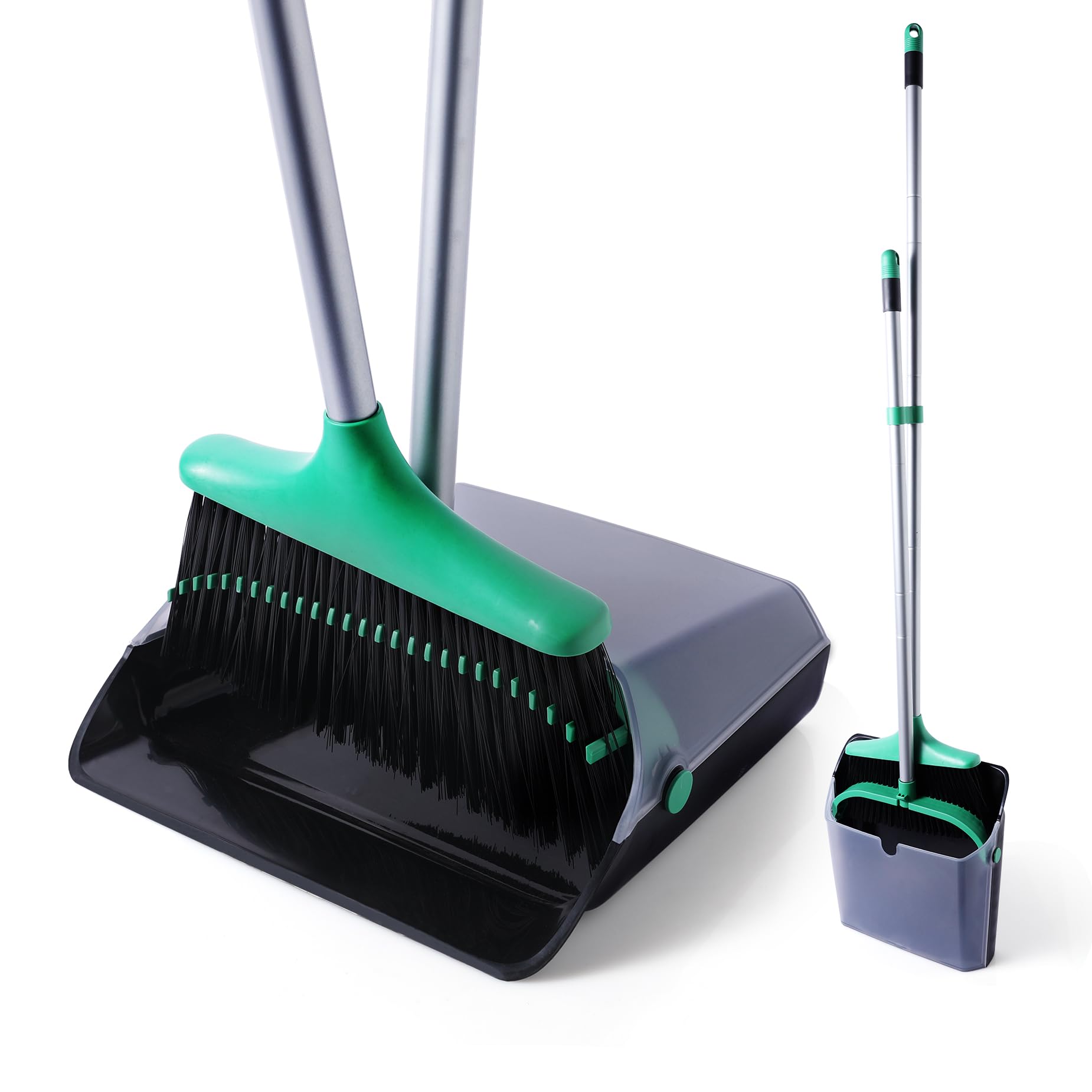 Photo 1 of Eyliden Broom with Dustpan Combo Set - Stand-Up Dustpan, Self-Cleaning Comb, 4-Row Dense Bristles - Sweeper Brooms and Dustpan for Home, Office, Lobby, Shop, Classroom, Dorm Room (Black & Green)