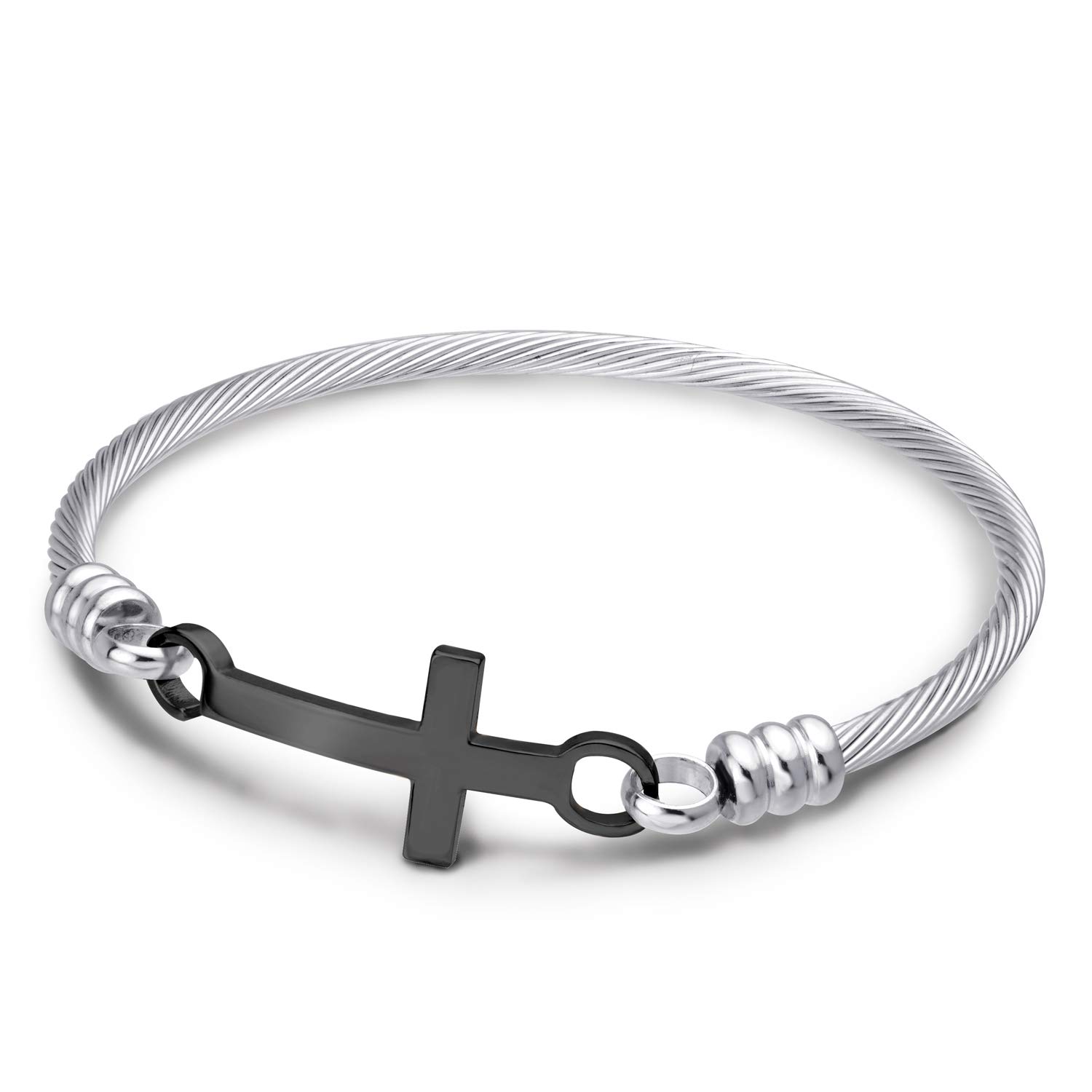555Jewelry Stainless Steel Metal Cross Religious Religion Sacred Christian Catholic Holy Blessing Bracelet Fashion Fine Jewelry Accessory Bangle Bracelet, Silver & Black Size 60mm