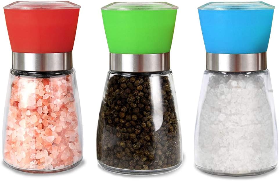 NO Salt and Pepper Grinder Set, Pack of 3, Salt and Pepper Grinders Mill Refillable, Glass Body Salt and Pepper Shakers