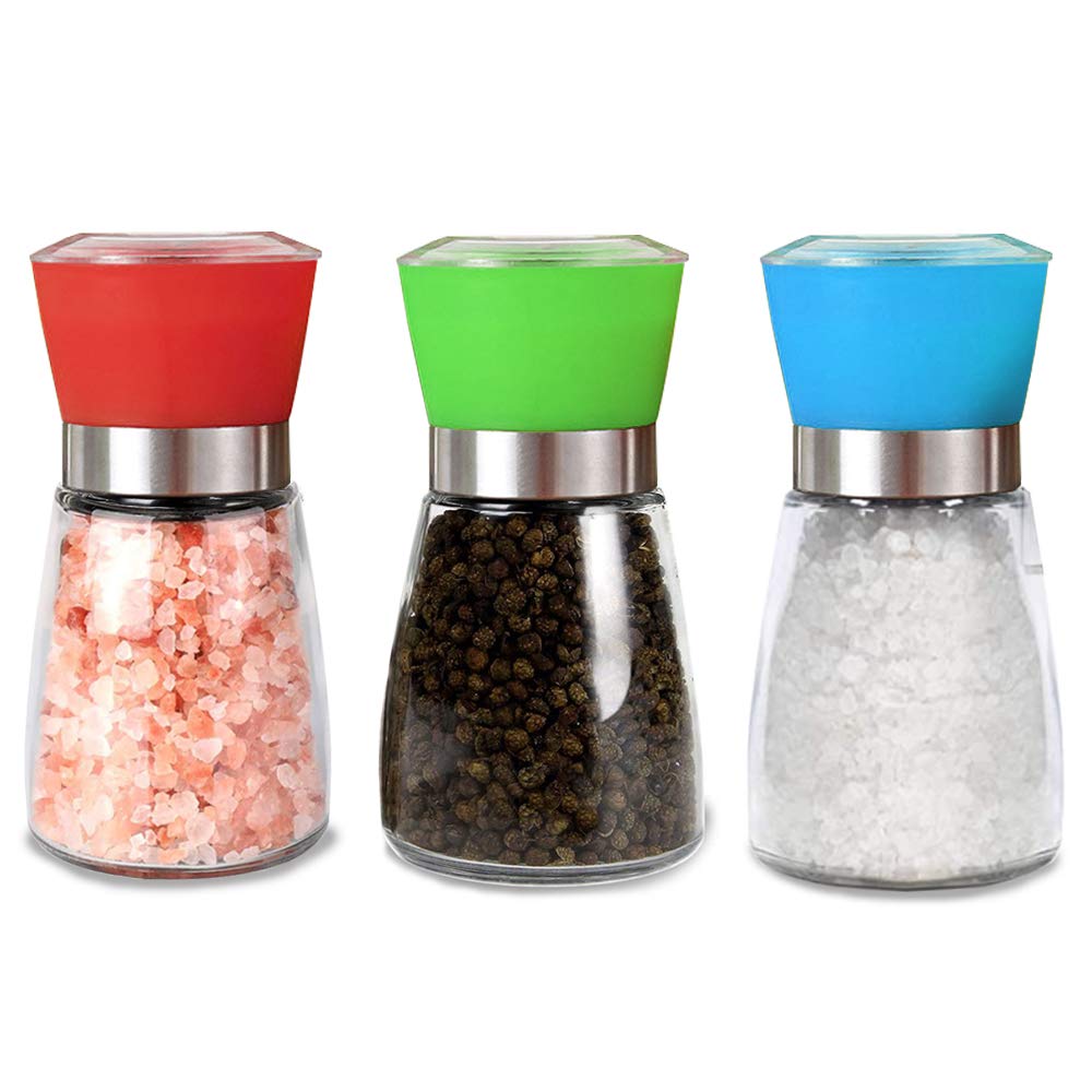 NO Salt and Pepper Grinder Set, Pack of 3, Salt and Pepper Grinders Mill Refillable, Glass Body Salt and Pepper Shakers, Ceramic Mills with Adjustable Coarseness(Red Green Blue)