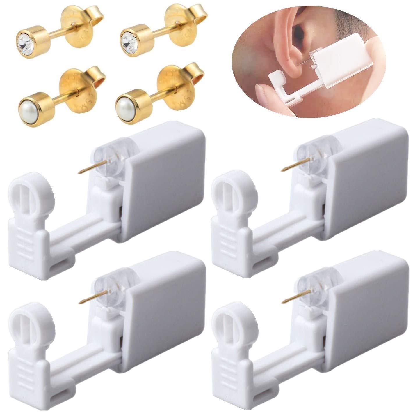 4Pcs Disposableear piercing gun Safety Ear Piercing Nose Piercing kit with 4 Ear Studs (Golden)