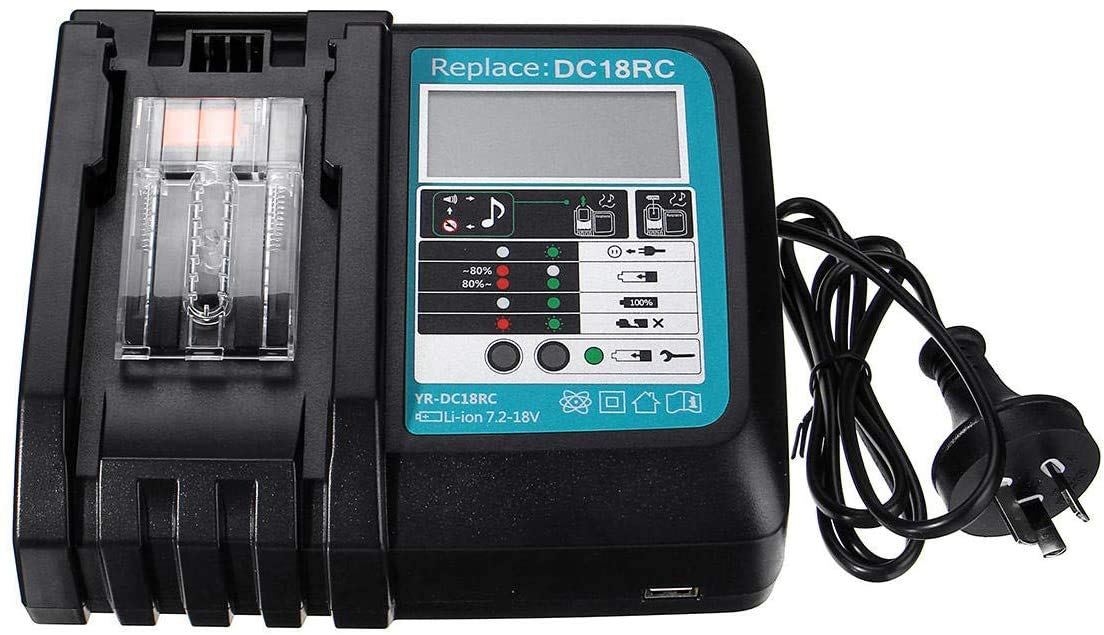 Replacement 14.4V-18V 3A DC18RC DC18RA Fast Charger for Makita BL1830 BL1840 BL1850 BL1860 BL1430 BL1440 BL1450 Li-Ion LXT Tool Battery with LED Screen USB Port Compatible with Makita