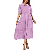 PRETTYGARDEN Long Dress for Women Summer Button Up Short Sleeve Plain Ruffle Maxi Dresses (Solid Purple,XX-Large)