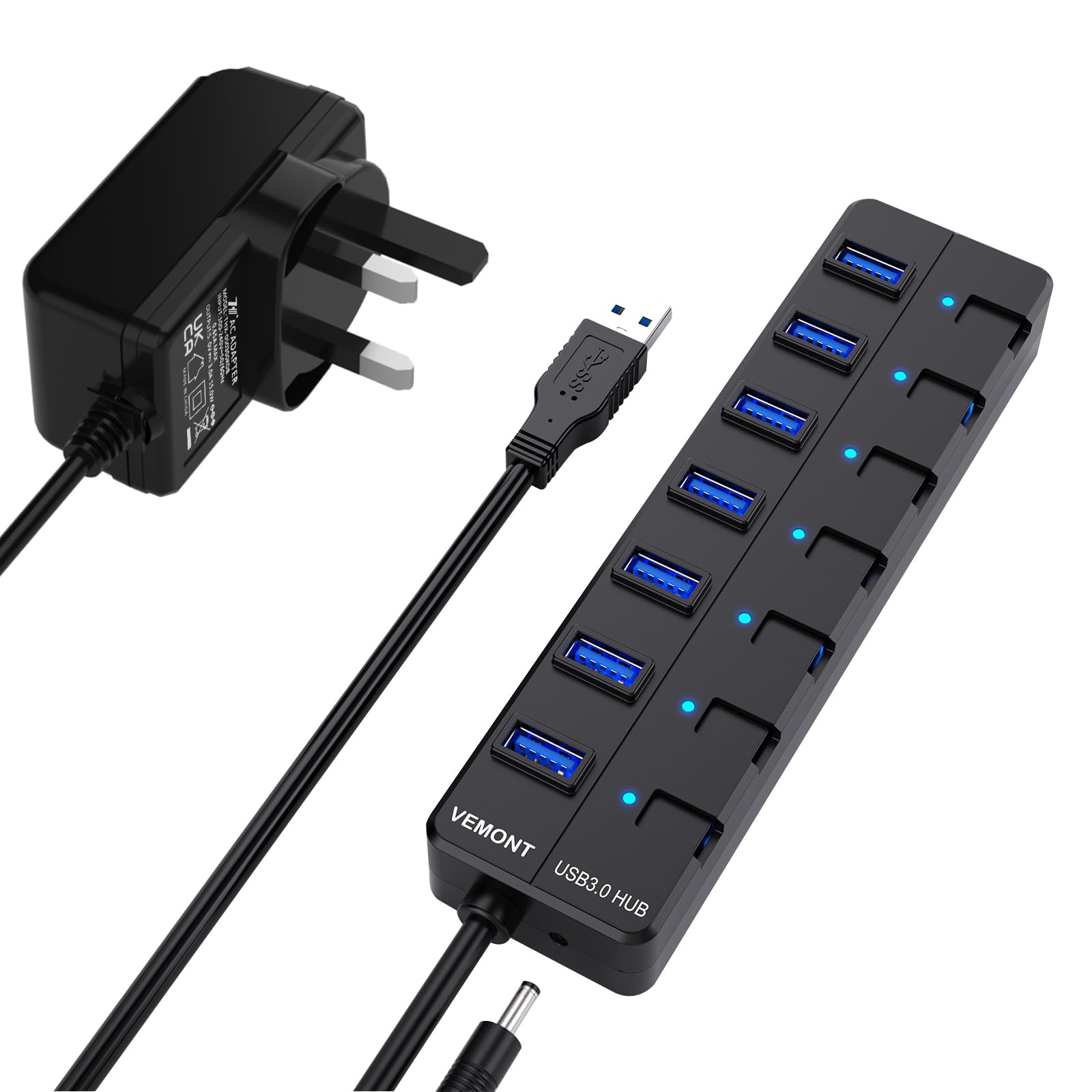 Powered USB Hub,VEMONT 7 ports SuperSpeed USB 3.0 Hub with Power Supply,USB Splitter Powered with Individual on/off LED Switches and 3.9ft/1.2m Long Cable for PC/Laptops/Ultrabooks/Desktops