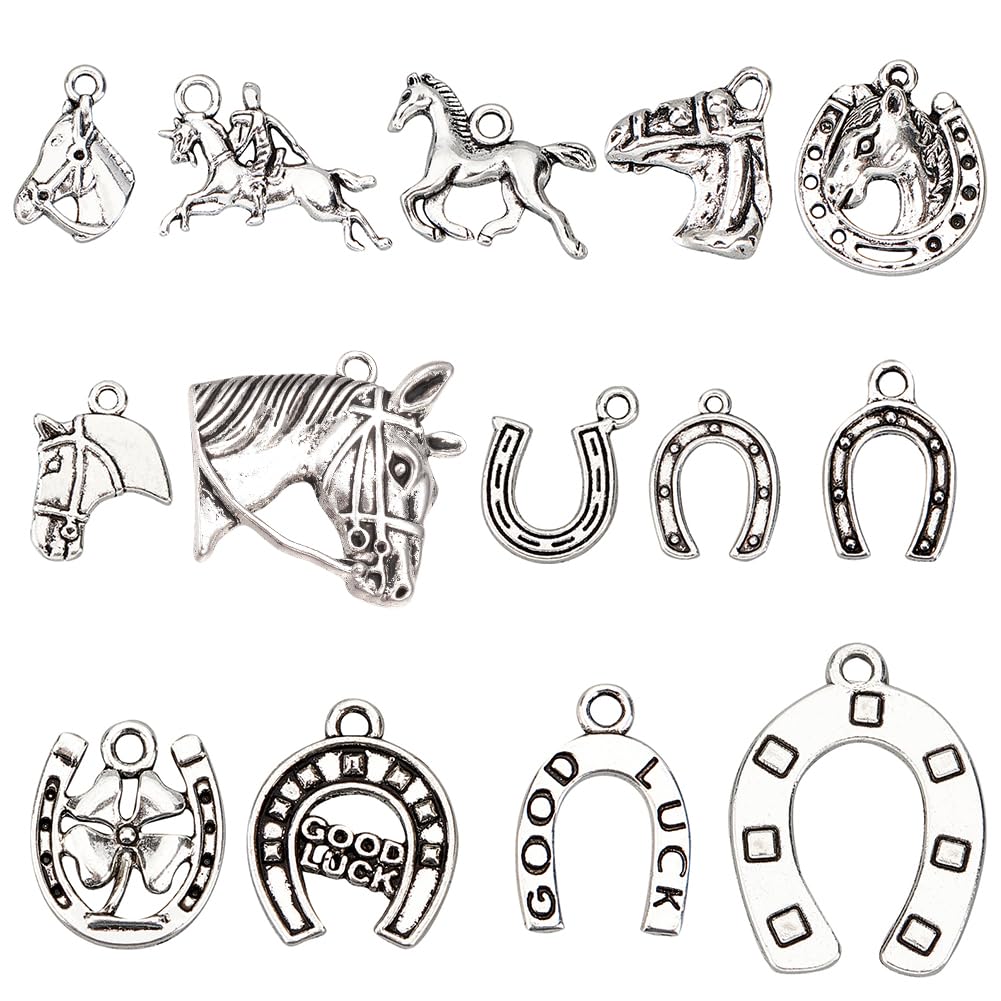 CHGCRAFT 84 Pcs que Silver Horseshoe Charm Pendants Stainless Alloy Mixed Horses Necklace Bead for DIY Jewelry Making, 14 Styles