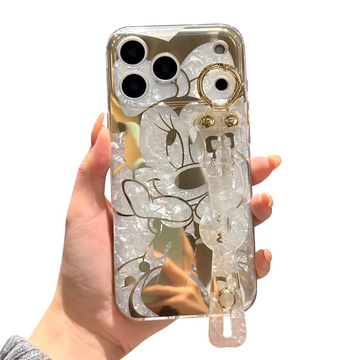 Meishangmei for iPhone 17 Pro Max Case with Wrist Strap Kickstand Glitter Bling Cute Cartoon Pattern Design Sparkle Soft Durable Shockproof Protective Case for Girls and Women - Minnie