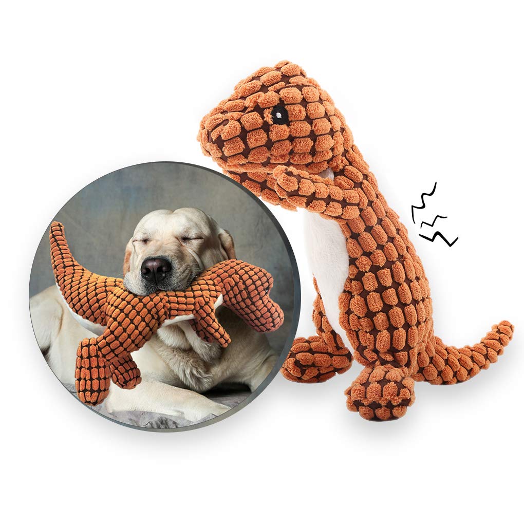 Andiker Stuffed Dog Toy Plush Dog Toy Corduroy Durable Interactive Toy Includes Plastic Noise-making Squeaker Dinosaur Shape Plush Toy (orange)