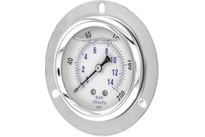 PIC Gauges PRO-204L-254G Panel Mount Front Flanged Glycerin Filled Industrial Pressure Gauge w/ SS Case, Brass Internals, Plastic Lens, 2.5" Dial, 0/200 psi Range, 1/4" Male NPT