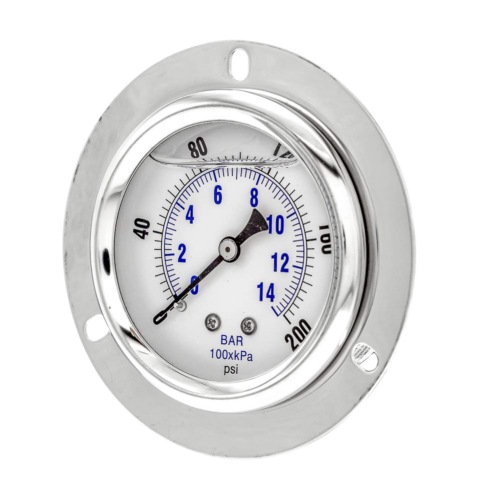 PIC Gauge PRO-204L-254G Glycerin Filled Industrial Front Flanged Panel Mount Pressure Gauge with Stainless Steel Case, Brass Internals, Plastic Lens, 2-1/2" Dial Size, 1/4" Male NPT, 0/200 psi