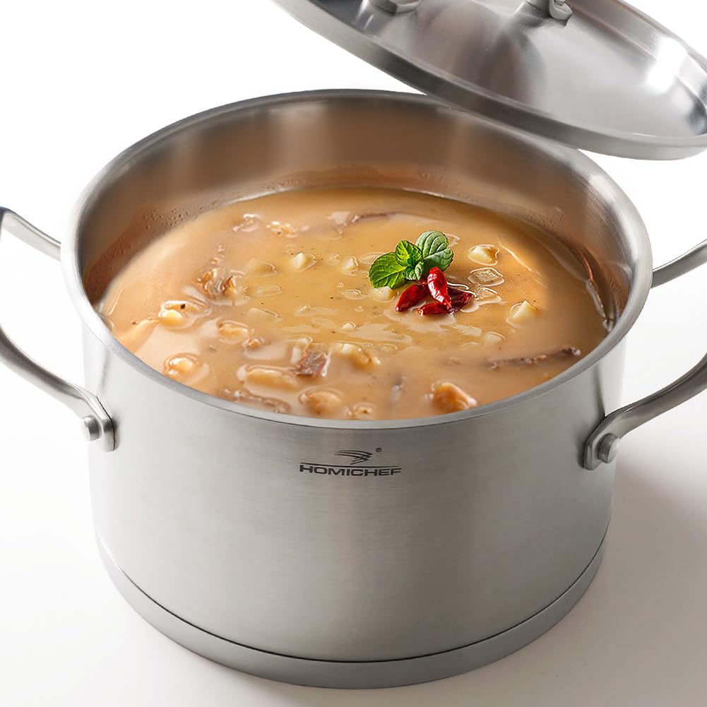 Photo 1 of HOMICHEF 3.5QT Silver Nickel Free Stainless Steel Stockpot with Lid - Matte Polished, 8 Inch Wide, 7.6MM Thick Base, No Non-Stick Coating, 4.5 lbs