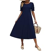 Zeagoo Womens Summer Dress Casual Midi Dresses 2026 Short Puff Sleeve Flare Dress Pleated Flowy Sundress with Pockets