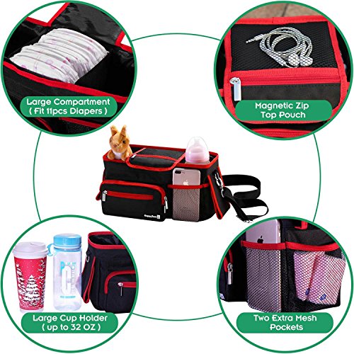 Universal Stroller Organizer Bag with Deep Cup Holders - Large Stroller Caddy with Carrying Strap & Zip Pouches - Best Stroller Storage Accessories for Double & Umbrella Stroller - Bonus Face Towels - Thumbnail 6