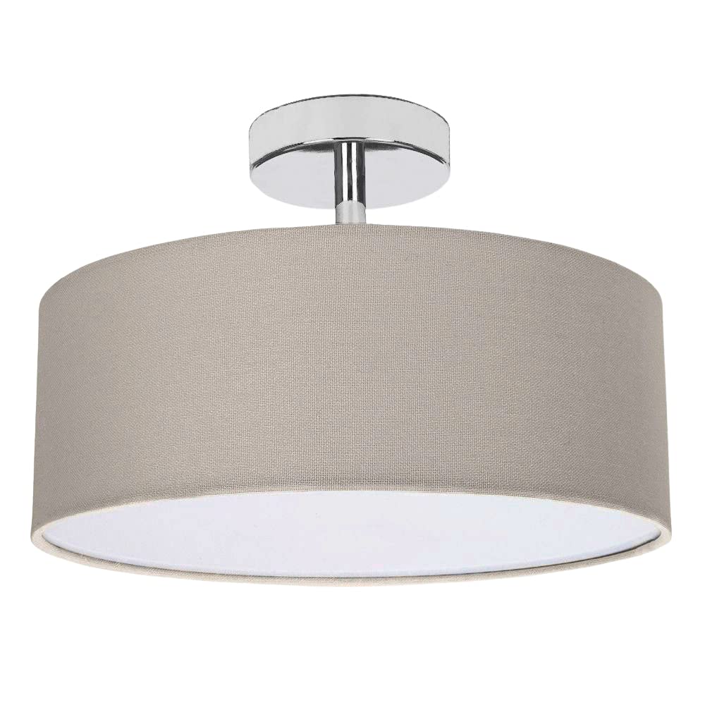 Happy Homewares Contemporary Designer Dark Ash Grey Linen Fabric Semi Flush Ceiling Light Fitting with Opal White Diffuser | 2 x 40w SES | Chrome Plated Base and Stem