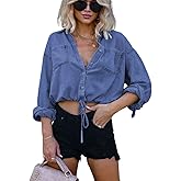 Kwoki Women's Cropped Denim Shirt Roll Up 3/4 Sleeve Casual Loose Crop Tops Drawstring Hem Button Front Jean Jacket