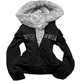 OANTGM Crop Winter Coats Teen Y2k Zip Up Hoodie Fur Jackets Vintage Emo Fairy Grunge 2000s Streetwear