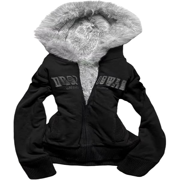 Y2k Zip Up Hoodie Fur Jackets Winter Coats Teen Emo Grunge