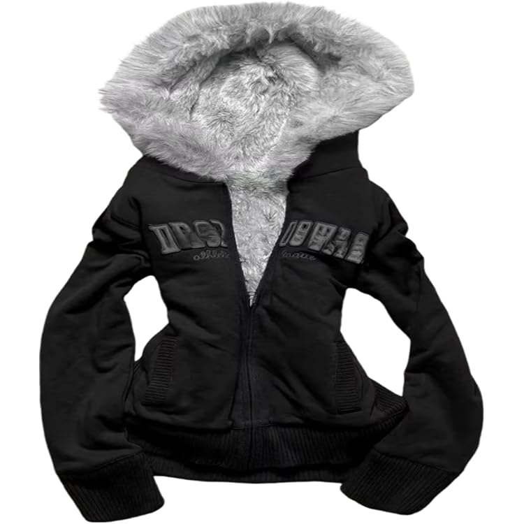 Y2k Zip Up Hoodie Fur Jackets Winter Coats Teen Emo Grunge 2000s