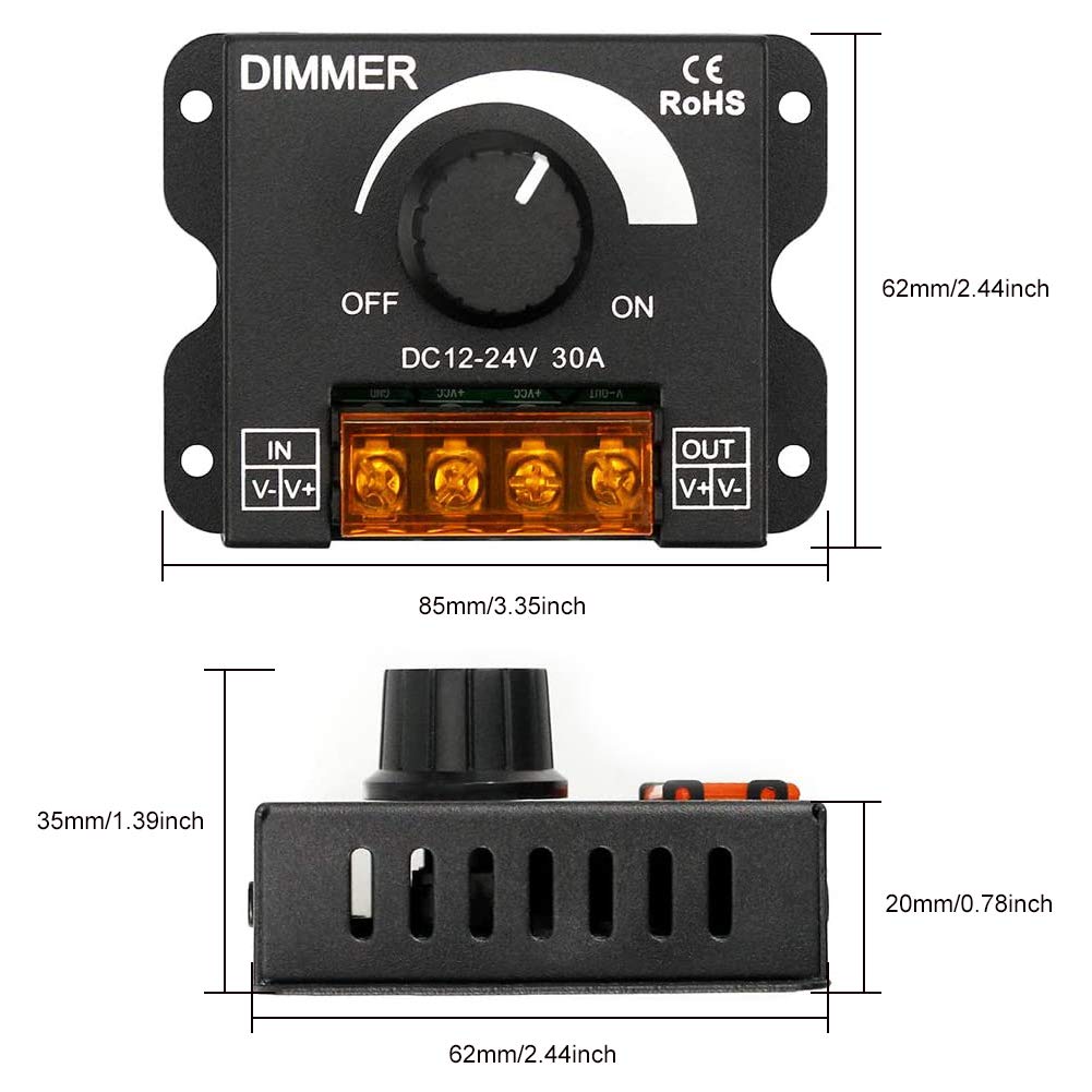 BeaBuy Upgraded LED Strip PWM Dimmer DC 12V-24V 30A Dimming Controller Adjust Brightness Switch + 5M 22AWG Extension Cable + DC Power 12V Male Female Connector for 2835 3528 5050 5630 Single Color: Industrial & Scientific