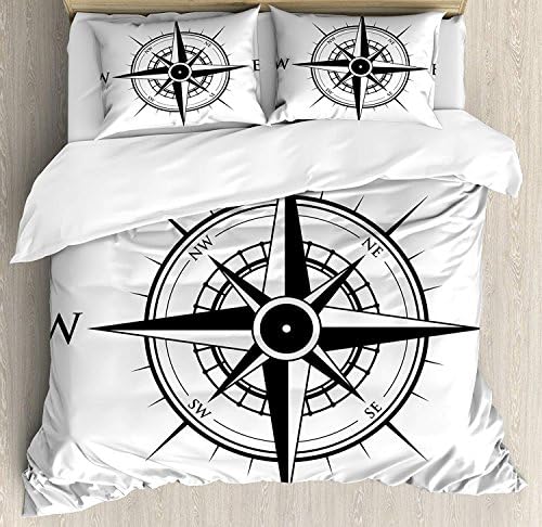 Compass Duvet Cover Set, Primitive Navigation Technology on The Sea Discovery of The World Travel Voyage, Decorative Duvet Cover Bed Sheet with 2 Pillow Cases Covers, Black White(Queen)