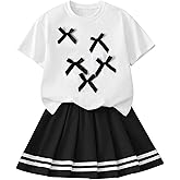 Ecolala Girls 2 Piece Summer Outfits Cute Graphic Short Sleeve Tops and Pleated Skirt Set
