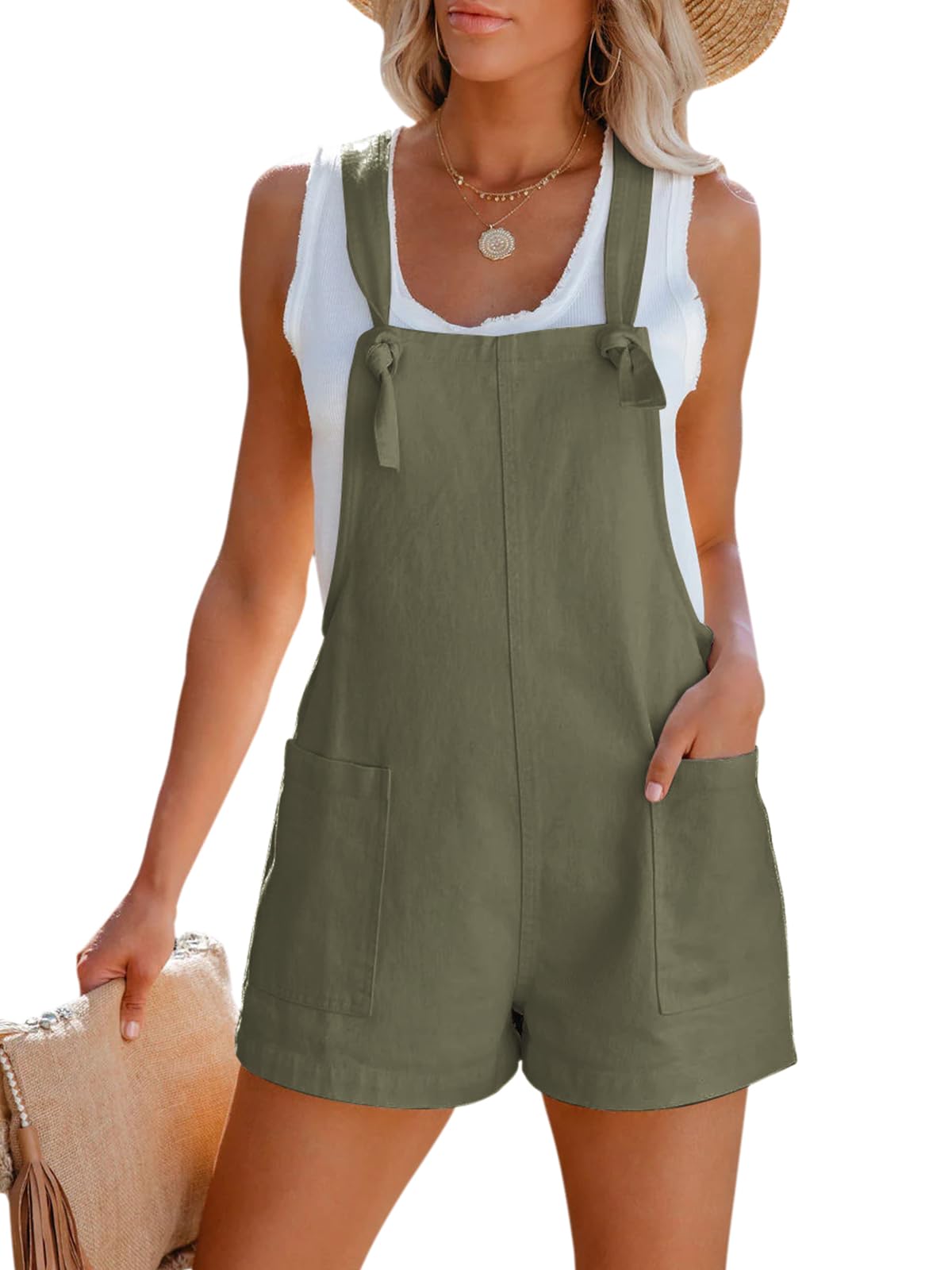 Photo 1 of Aoudery Women's Summer Casual Sleeveless Rompers Loose Spaghetti Strap Cotton Shorts Overalls Jumpsuit with Pockets - Army Green L