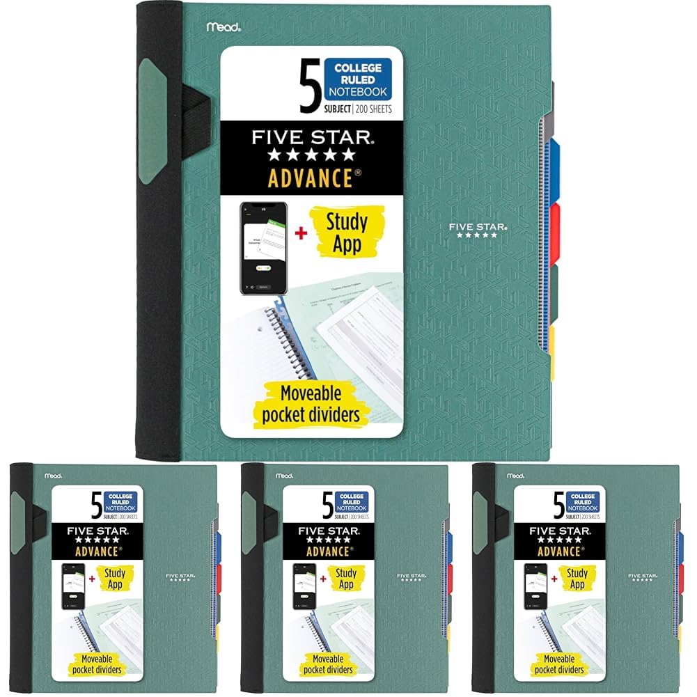 Five Star Flex Refillable Notebook + Study App, 1 Inch Binder with Customizable Cover, College Ruled Notebook and 3 Ring Binder, Hybrid NoteBinder, 200 Sheet Capacity, Green (29326AQ8) (Pack of 4) Image