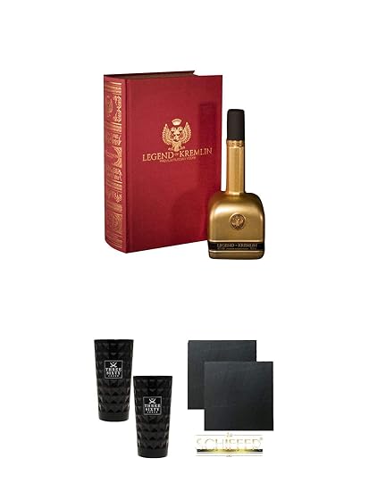 Legend Of Kremlin Wodka 0,7 Liter in Bibel (rot) + Three Sixty black Vodka Glas 2 Stück (black) + Schiefer Glasuntersetzer ec