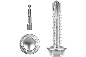 KVOHLUM #14 x 1-1/4" (100 PCS) Sheet Metal Screws, Hex Washer Head Self Drilling Screw, 410 Stainless Steel Flanged Fast Self Tapping Screws, Hex Bit Socket Included